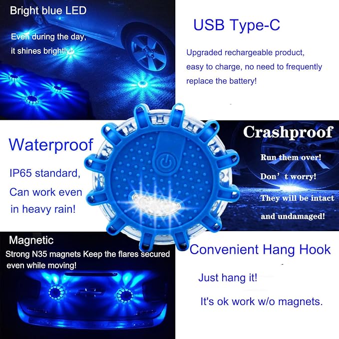 USB-C Rechargeable Blue LED Road Flare 6 Pack,9 Flash Modes Magnetic Waterproof Emergency Warning Light