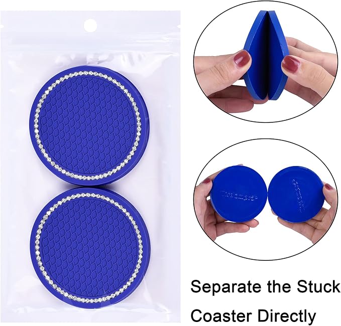 Bling Car Coasters, Wisdompro 4 Pack PVC Car Cup Holder Insert Coaster - Anti Slip Universal Vehicle Interior Accessories Crystal Glitter Cup Mats for Women and Men (2.75" Diameter, Blue)