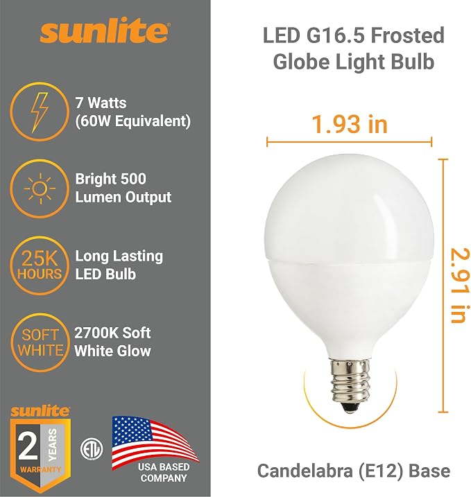 Sunlite G16.5 Light Bulb LED, 7 Watts (60W Equiv.), 500 Lumens, Dimmable, Type G Globe Shape E12 Candelabra Base, Short Bulbs, Vanity Mirror Bulbs, Energy Star, 2700K Soft White, Frosted, 6 Count