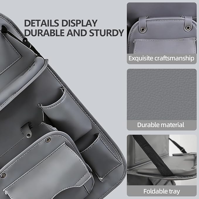 Car Backseat Organizer with Foldable Table Tray, Leather Seat Back Organizer with Trash Bin, Tablet Holder, Kick Mat Protector, Back Seat Storage for Cars, Gray
