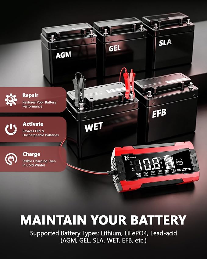 12V 10A Smart Battery Charger for Car and Motorcycle Battery Maintainer & Trickle Charger with Pulse Repair LCD Display Temperature Compensation for AGM Gel SLA Deep Cycle Lead Acid Batteries