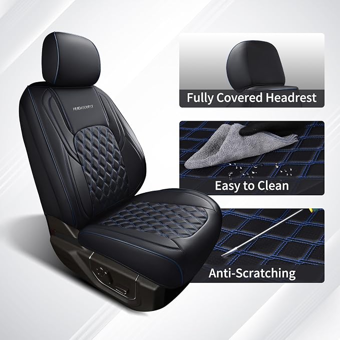 Huidasource Silverado Seat Cover, Sierra Seat Cover fit for Chevy Silverado/GMC 2014-2018 1500, 2015-2019 2500HD 3500HD Crew Double Extended Cab, Thickened Nappa Leather Truck Seat Covers, Black&Blue