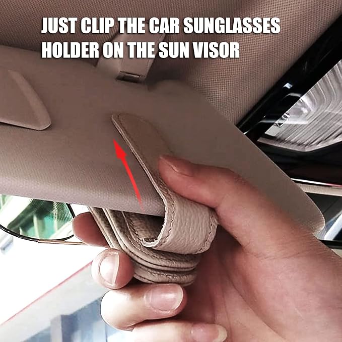2 Pack Magnetic Leather Car Visor Sunglass Holder (Beige) | Leather Glasses Eyeglass Hanger Clip for Car, Sunglass Clip Glasses Holder for Car Visor