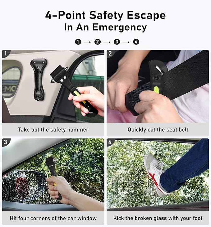 Car Safety Hammer 4 Pack, Car Window Glass Breaker and Seat Belt Cutter Auto Emergency Escape Tool with Light Reflective Tape for Family Rescue, Life Saving Survival Kit