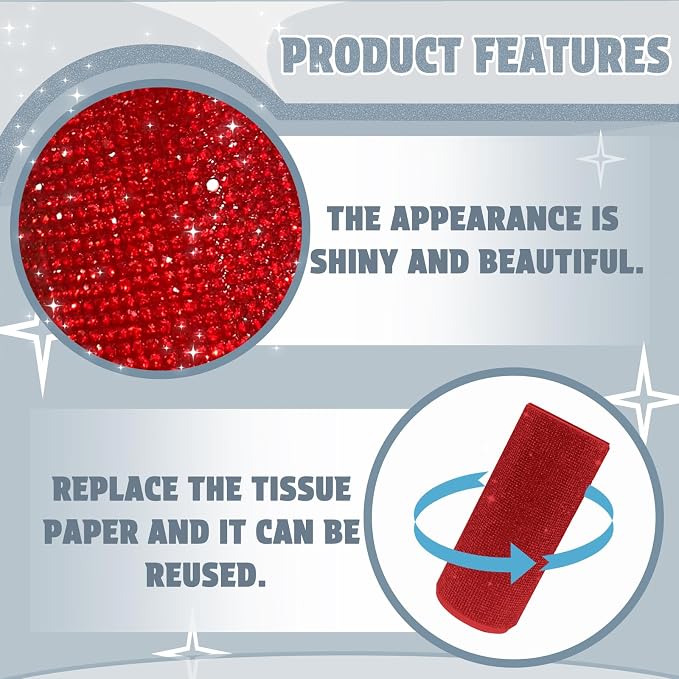Bling Car Tissue Holder for Cup Holder – Sparkly Rhinestone Round Tissue Dispenser with 1 Pack Tissues – Fits Standard Auto Cup Holders – Stylish Car Interior Accessory for Women(RED)