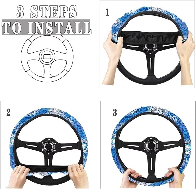 AFPANQZ Elastic Steering Wheel Cover Non-Slip Protection for Women Men | Comfort Anti-slip Safety Stretch-on 14-15 inch, Blue Boho Flower Easy Fix Machine Washable Steering Wheel Protection