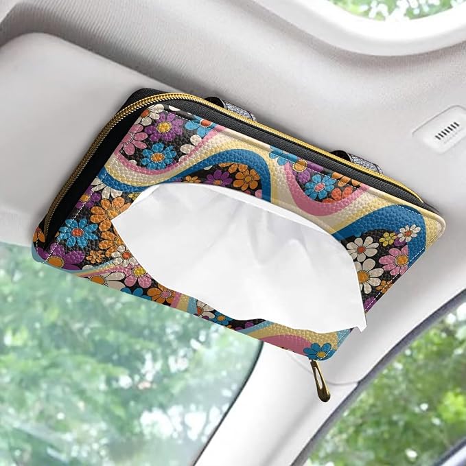 Colorful Hippie Flower PU Leather Car Napkin Holder Car Tissue Holder for Car Leather Backseat Tissue Case Holder for Car,Vehicle