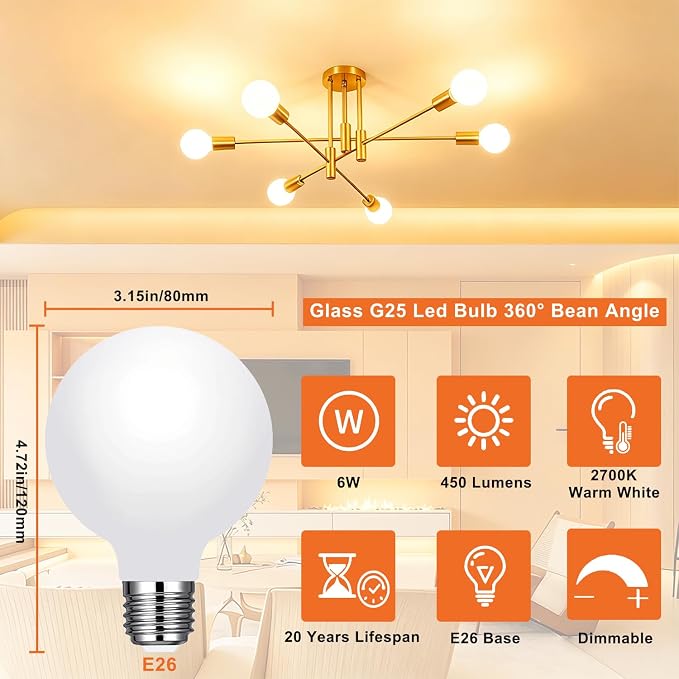 Vinaco Glass G25 led Globe Light Bulbs Dimmable 6W 120V 2700K for Bathroom | 4PCS, Milky Frosted Glass, 60W Eq. 450LM, 360°Beam,Warm White, NO Flicker, High CRI90+, E26 Base, for Makeup Mirror & Pendant