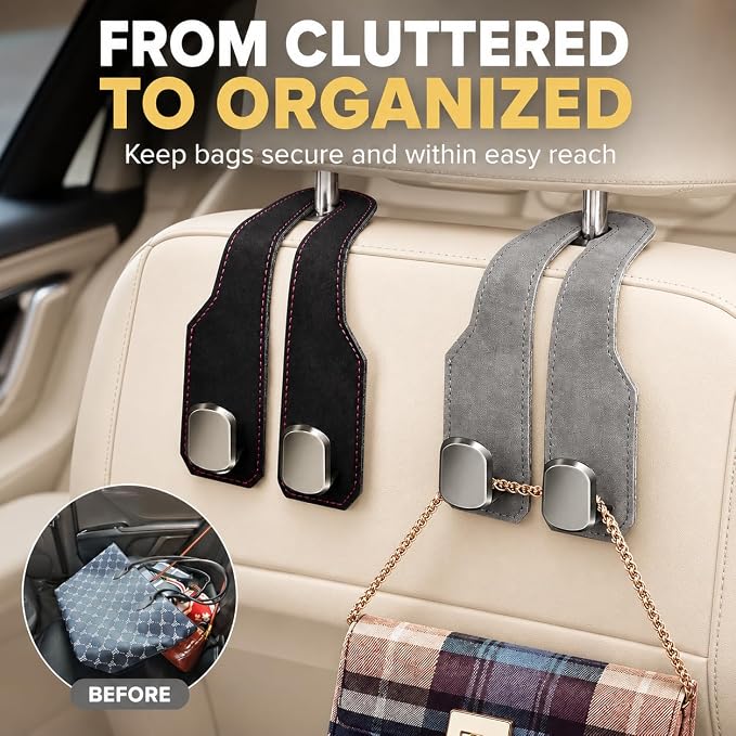 4Pcs Car Headrest Hooks with Premium Leather, Upgraded Double Metal Hooks with Anti-Drop Design, Universal Back Seat Hanger for Bags, Coats, Purses and Groceries (Stylish Gray)