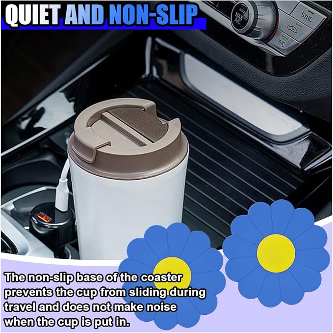 2PCS Car Cup Coaster, Flower Shaped Silicone Non-Slip Vehicle Drink Holder Insert Mat, Universal 2.75 Inch Waterproof Automotive Interior Decoration Beverage Pad Accessories (Blue)