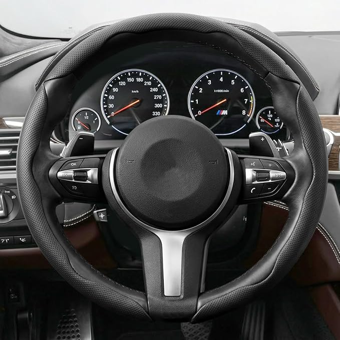 3PCS Car Steering Wheel Cover, 14.5-15" Breathable Nappa Leather Segmented Steering Wheel Protector with Non-Slip Grip, Stylish Auto Interior Decor Accessories, Universal for Vehicles (Black)