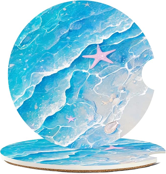Car Cup Holder Coaster Set of 2, 2.56 in Ceramic Coasters, Scratch-Resistant Cork Backing, Finger Groove Design for Easy Placement, Cute Car Accessories Interior for Women (Blue Starfish)