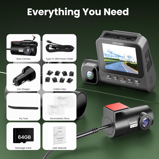 GEARit 3 Channel Dash Cam, 4K Front and Rear Dash Camera for Cars with Interior Camera, Triple Dashcam Front and Back, Night Vision, Loop Recording, Parking Mode Ready, 24-Month Warranty