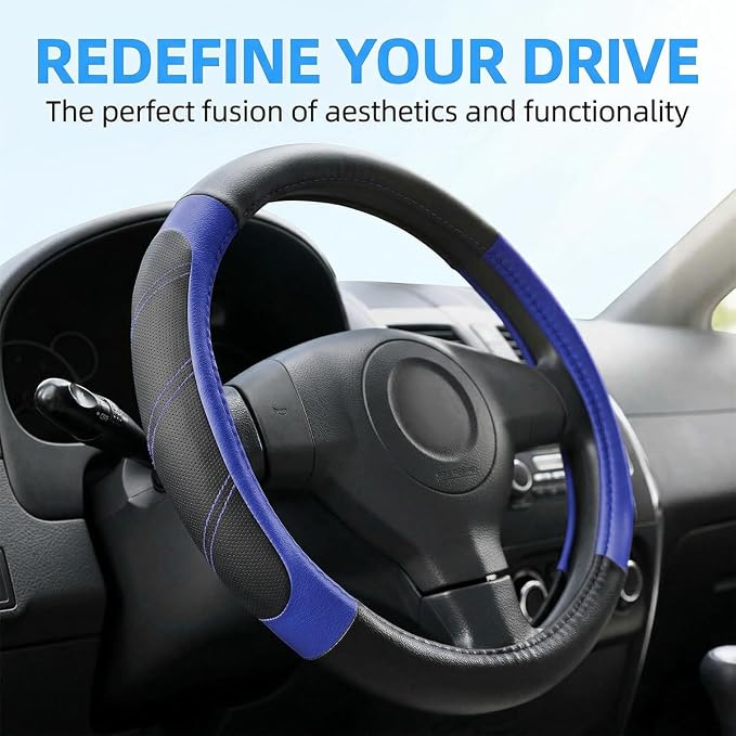 Osilly Car Steering Wheel Cover, 14.5-15" Leather Breathable Anti-Slip Stylish Steering Wheel Protector, Comfortable Auto Interior Decoration Accessories, Universal for SUV Van Truck (Black Blue)