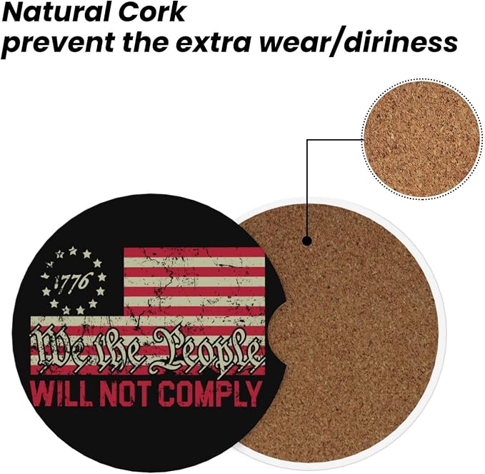 Vintage America American Flag Absorbent Ceramic Car Coasters 2 Pack Round Insert Cupholder Coaster Car Cup Holder Mat with Finger Notch Anti-Slip Cork Base Reusable Drink Coasters 2.56 in