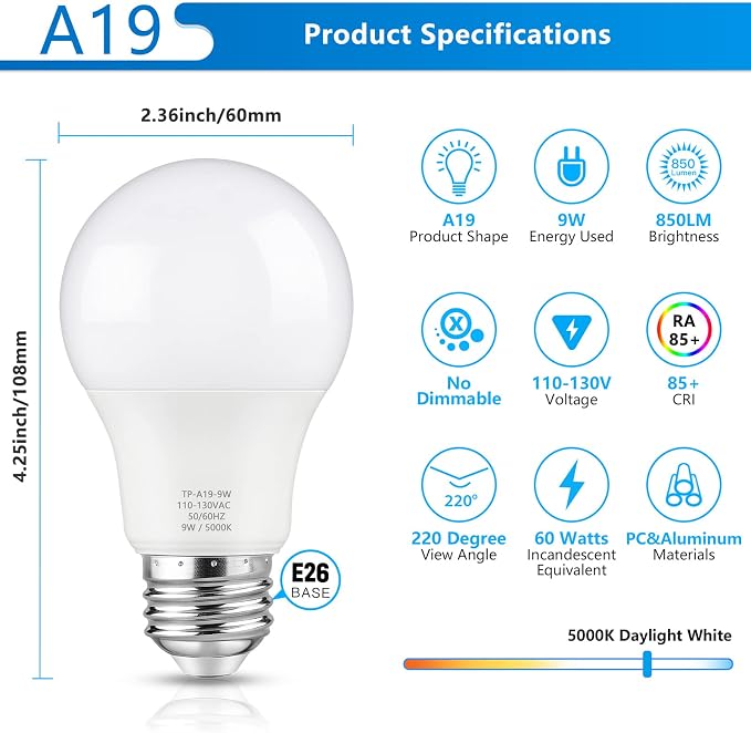 Maylaywood A19 LED Light Bulb, 60 Watt Equivalent LED Bulbs, Daylight White 5000K, 850LM, E26 Base, Non-Dimmable, 9W Bright White, 40-Pack