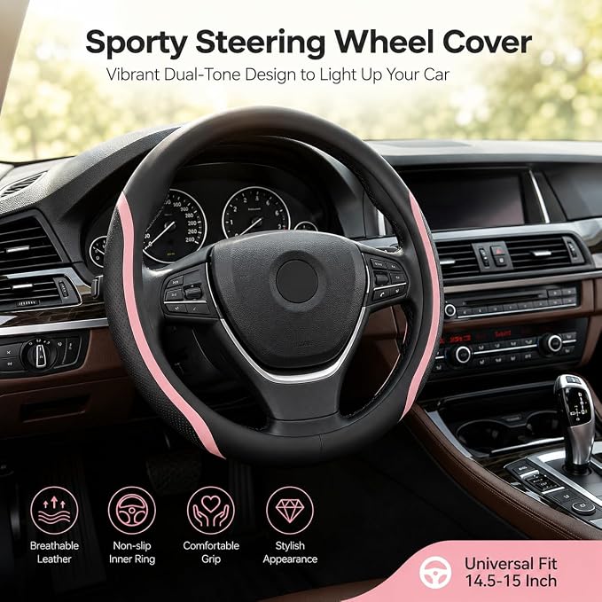 Steering Wheel Cover Black and Pink Leather Universal 14.5-15 inch | Car Steering Wheel Covers with Coasters Microfiber Breathable Anti-Slip Durable Steering Wheel Accessories Set for Woman