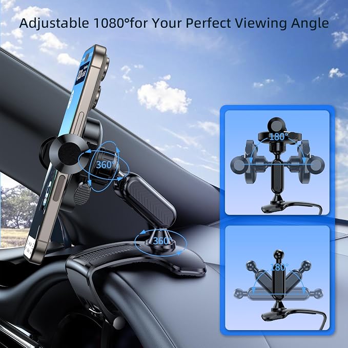 Upgraded Universal 360°Dashboard Phone Mount - Multi-Functional Visor/Rearview Rotating Car Holder for 4-7" Phones, One-Handed Operation Adjustable Clamp Holder (Black)