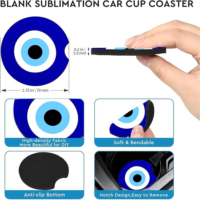 2 Pack Blue Evil Eye Car Cup Holder Coasters Universal Neoprene Coasters | 2.75" Universal Size Anti Slip Rubber Mat, Auto Cup Holder Decor Accessories for SUV Truck, Evil Eye Gifts for Men Women Mom