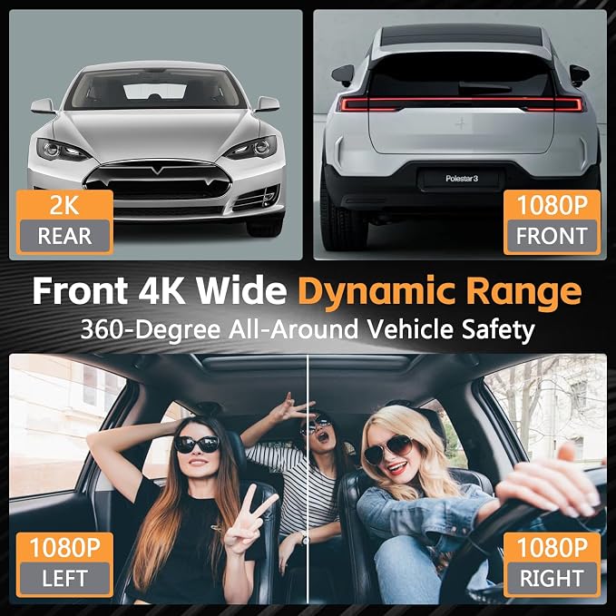 4 Channel 360° Dash Cam Front Rear Inside & Left Right 4K+1080P*3 FHD Car Camera, 5GHz WiFi & App Control 8 IR Lamps Night Vision 24H Parking Mode, G-Sensor, Loop Recording, Includes 64GB (Silver)