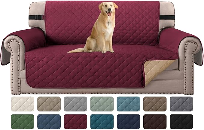 H.VERSAILTEX Loveseat Protector for Dog Loveseat Slipcover Quilted Furniture Protector with Non Slip Elastic Strap Water Resistant Loveseat Cover Seat Width: 54"(Oversized Loveseat, Red/Tan)