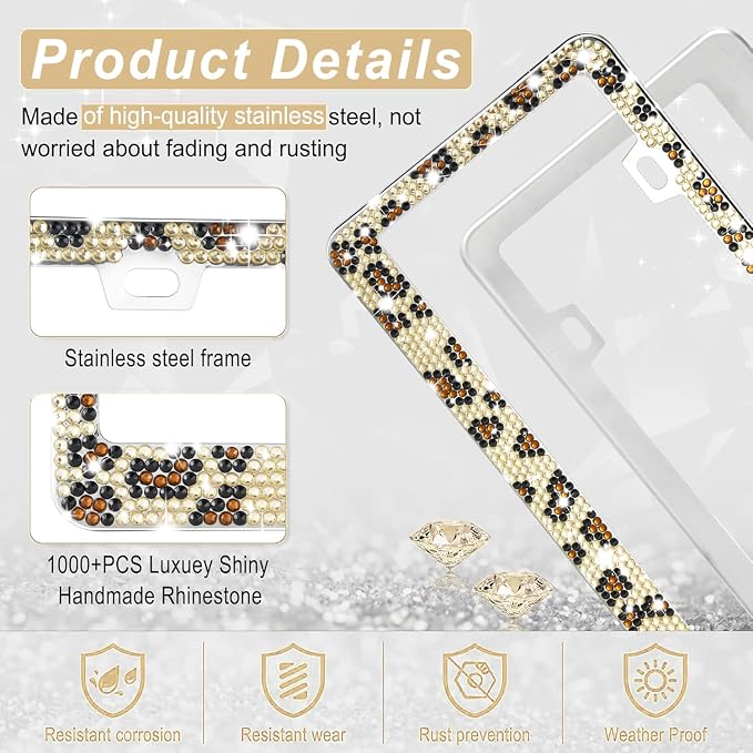 Amiss Bling License Plate Frame for Women, 2Pack Rhinestone Handcrafted Crystal Premium Stainless Steel, Stainless Steel Car Decorative Accessories with Diamond Sparkle Glitter Caps (Leopard Print)