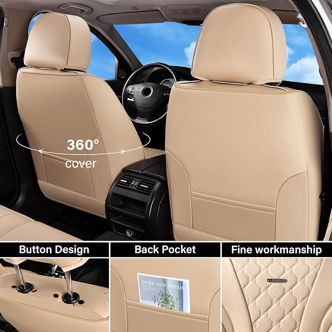 Coverado Car Seat Covers, Leather Seat Covers Full Set, Beige Seat Covers, Perforated Diamond Leather Car Seat Cover, Breathable Car Seat Cushion, Waterproof Car Seat Protector Fit for Most Cars