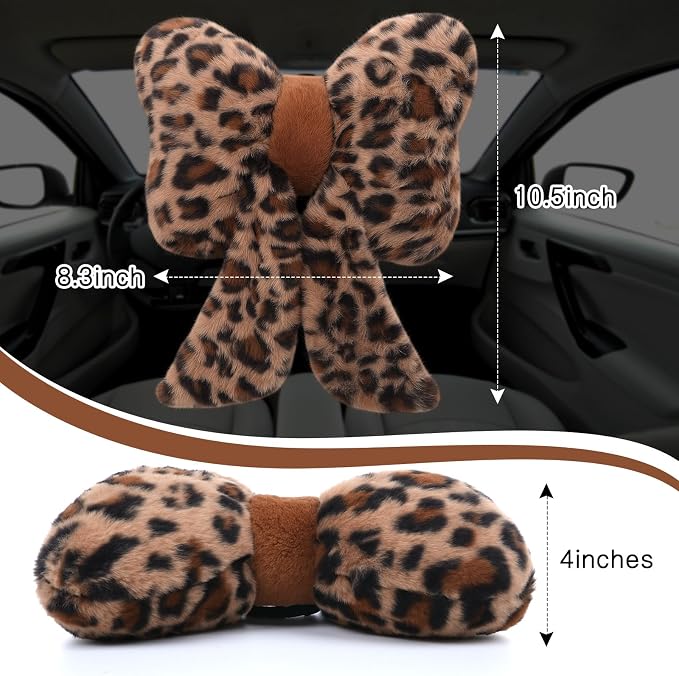 Macarrie 2 Pcs Leopard Car Neck Pillow Plush Butterfly Bow Car Headrest Pillow Comfortable Seat Neck Support Cute Head Rest Accessories for Driving Travel Driver Chair Girl Interior Decor(Brown)