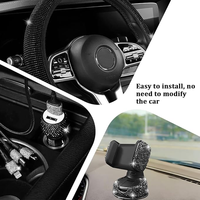 27PCS Bling Car Accessories Set for Women, 14.5-15" Crystal Rhinstone Steering Wheel Cover, License Plate Frame, USB Charger Phone Holder, Girly Auto Interior Decor Set, Universal Fit (Black)