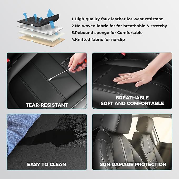 Seat Covers for Honda Civic Sedan LX 2016 2017 2018 2019 2020 2021, Faux Leather Car Seats Cover Full Set Waterproof, Black (Solid Rear Seatback - No Rear Armrest)
