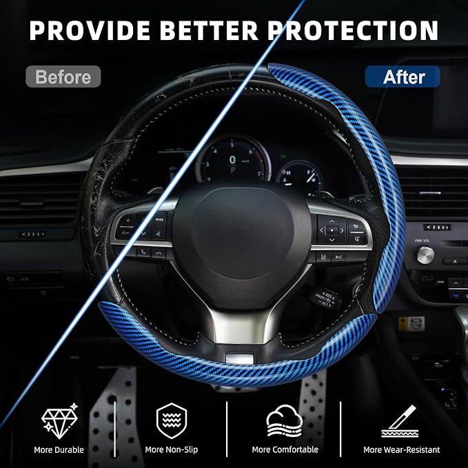 Amiss 3pcs Carbon Fiber Anti-Skid Steering Wheel Cover, Waterproof Design, Universal Fit for 14-16 Inch Car Wheel Cover, Interior Car Accessories for Jeeps, SUVs, Trucks (Glossy Blue)