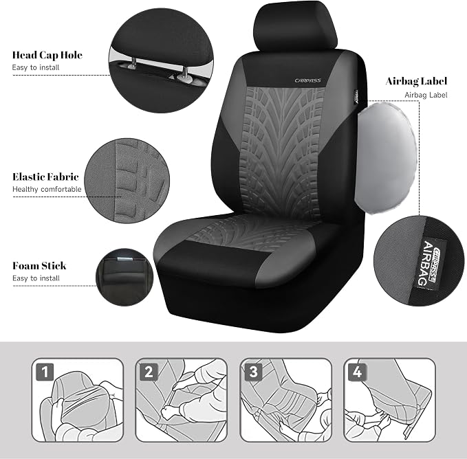 CAR PASS Car Seat Covers Two Front Only for Car, 3D Tyre Print Automotive Interior Covers, Airbag Compatible, Quick Setup Universal Fit Seat Covers for Car, Truck, SUV(Black Gray)