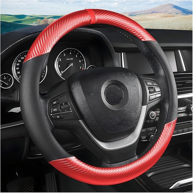 Osilly Car Steering Wheel Cover, 15 inch Anti-Slip Steering Wheel Protector, Carbon Fiber & Microfiber PU Leather Steering Wheel Cover for Women and Men, Universal Fit for Most Vehicles (Red)