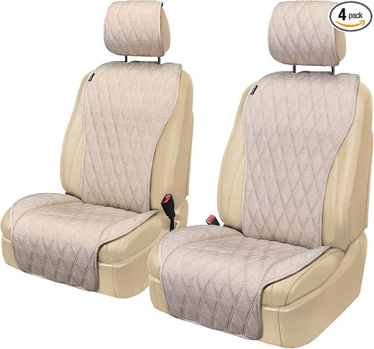 Leader Accessories 2pcs Sideless Front Seat Covers for All Seasons, Beige | Breathable Faux Linen Seat Cushions, Non-Slip Bottom With Headrest Protectors, Universal Fit For Car Van SUV Pickup Truck