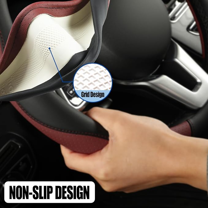 Black Burgundy Microfiber Leather Steering Wheel Cover 15 inch | Breathable Anti Slip Grip Cool Sporty Look Glow for Women Men