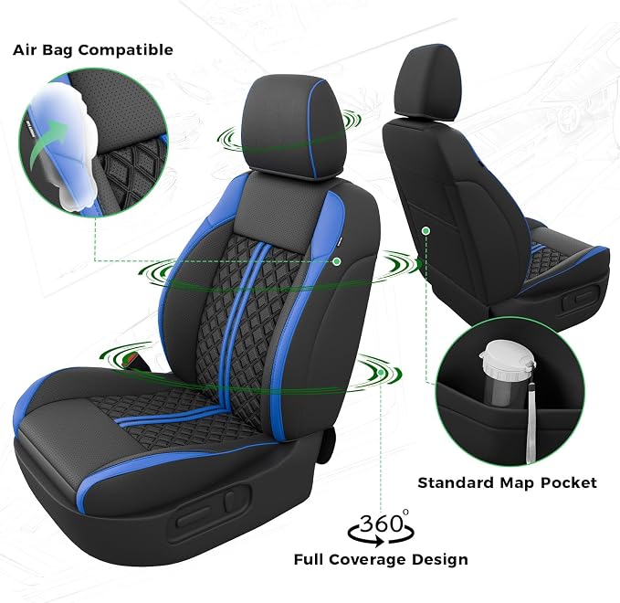 Custom Seat Covers for Tacoma 2016-2023 3rd Gen Double Cab SR5/TRD Off-Road/SR/TRD Sport/TRD PRO Full Set with Console Covers, Waterproof Leather Back and Front Seat Protectors Black Blue