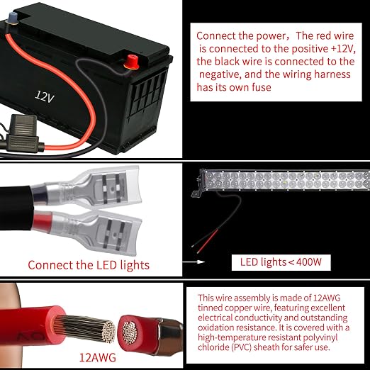 LED Driving Light Bar Remote Control Wiring Harness Kit 400W 12AWG Cable Heavy Duty 1Lead, DC12V - On-Off Switch, Power Relay & Blade Fuse, Compatible with LED Offroad Driving Light Bars