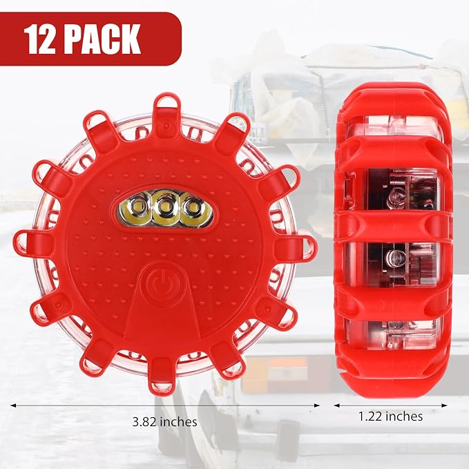 Tallew 12 Pack LED Road Flares Emergency Lights Roadside 9 Flash Modes Warning Car Safety Beacon Magnet Hook Flashing Disc Flare Kit for Vehicles Car Truck Boats Holiday Gift(Red)