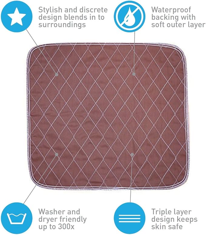 Waterproof Seat Pad, 20 x 22 Inch, Brown | Washable, For Incontinence, Triple Layer Chair Cover Protector, 24 Ounce Absorbency, Seniors, Adult, Children, or Pet