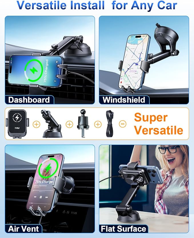 YRU [True Military-Grade] Wireless Car Charger Mount, 15W Charging Auto Clamping Car Phone Holder [98+LBS Strong] Dashboard Windshield Vent Cellphone Holder for iPhone 17 16 15 Pro Max, Dark Black