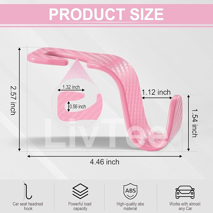 LivTee Car Purse Hook, Headrest Hook for Car, 4 Pack Universal Auto Car Seat Headrest Hook Hangers Organizer for Purse Coat Umbrellas Grocery Bags Handbag, Car Accessories - Carbon Fiber Pink