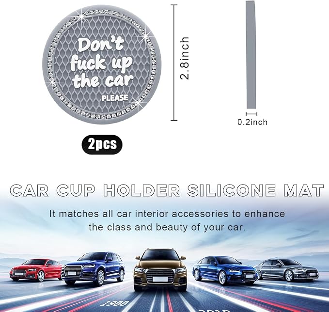 Ohleats Bling Car Cup Coaster, 2.75 Inch Non-Slip Don't Fuck Up My Car Please Cup Holder Insert Coaster, Crystal Rhinestone Auto Drink Cup Mat, Universal Car Accessories (Gray-4PCS)