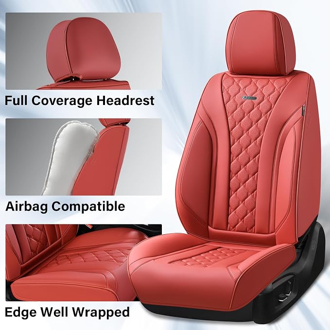 Coverado Car Seat Covers Full Set, Luxury Diamond Leather Car Seat Cover, Waterproof Automotive Seat Protectors, Breathable Car Seat Cushion, Universal 5 Seats Seat Cover Fit for Most Cars, Red