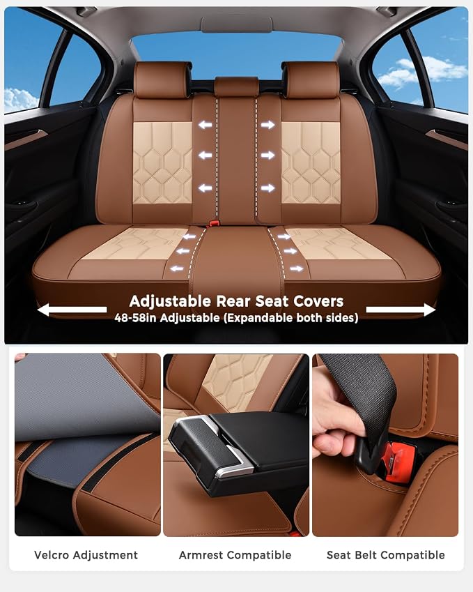 Huidasource Car Seat Covers, Universal Fit for Cars SUV Truck, Brown&Beige | Full Coverage Leather Seat Cover, Airbag, Cupholder Compatible, Seat Function Retain, Easy Install with Velcro