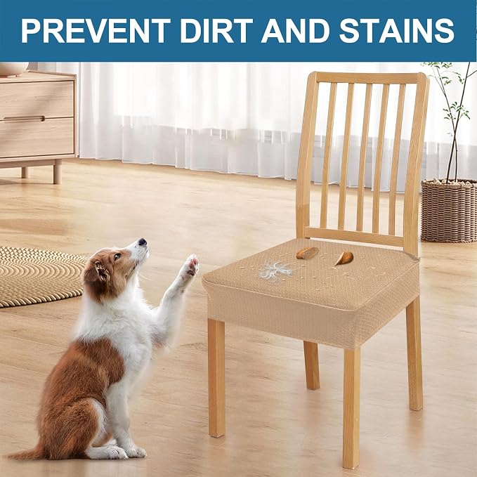 Smiry Waterproof Seat Covers for Dining Room Chairs Set of 2, Stretch Jacquard Removable Washable Chair Seat Slipcovers Protector, No Rear Covers, Camel