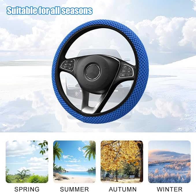 Car Elastic Stretch Steering Wheel Cover, 14.5-15" Breathable Ice Silk Anti-Slip Vehicle Steering Wheel Protector, Comfy Auto Interior Protection Accessories, Universal Fit (Blue)