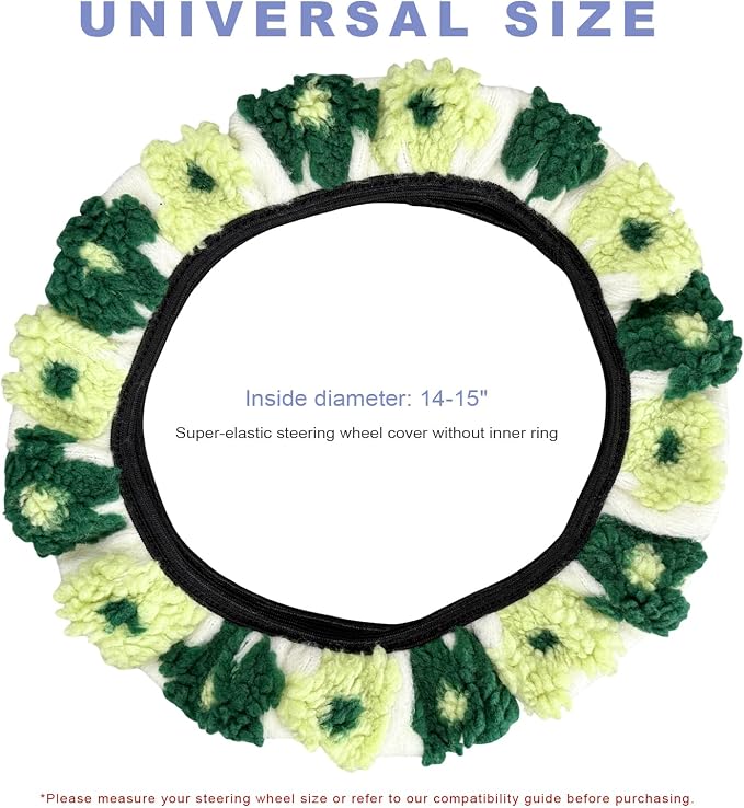 Plush Flowers Steering Wheel Cover, 15 inch Anti-Slip Breathable Steering Wheel Protector Cute Floral Decor, Elastic Soft Wheel Cover Universal Fit for Most Vehicles (Black Green)