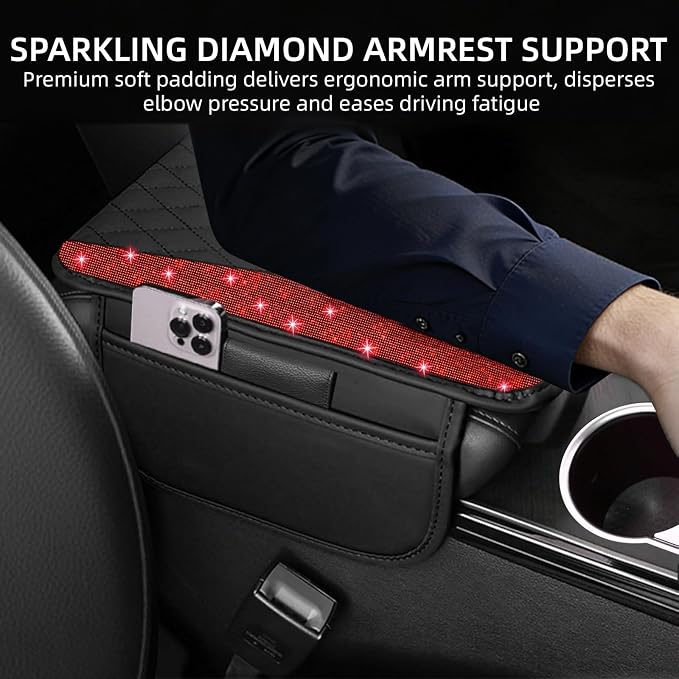 NBTEPEM Bling Car Center Console Cover, Leather Arm Rest Cover for Car with 2 Storage Bags, Universal Car Middle Console Cover Diamond Car Accessories Interior Fit for Most Vehicles, Red Diamond