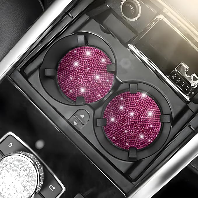 Osilly Bling Car Cup Holder Coaster, Crystal Rhinestone Anti-Slip Insert Coasters, Universal 2.75 Inch Fashion Automotive Cup Mat, Car Interior Accessories Decor Gifts for Women (Rose Red, 4PCS)