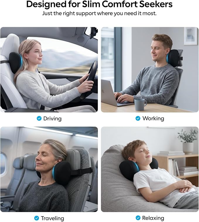 Wigoo Ergonomic Car Neck Pillow [Slim Upgrade, No Neck Pain] Odorless Memory Foam Car Headrest Pillow with 4 Adjustable Straps, Removable Cover, Fits All Cars (Black 2-Pack)